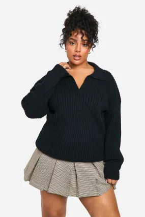 Shop Plus Size Rib Knit Collared Jumpers and Cardigans at Boohoo