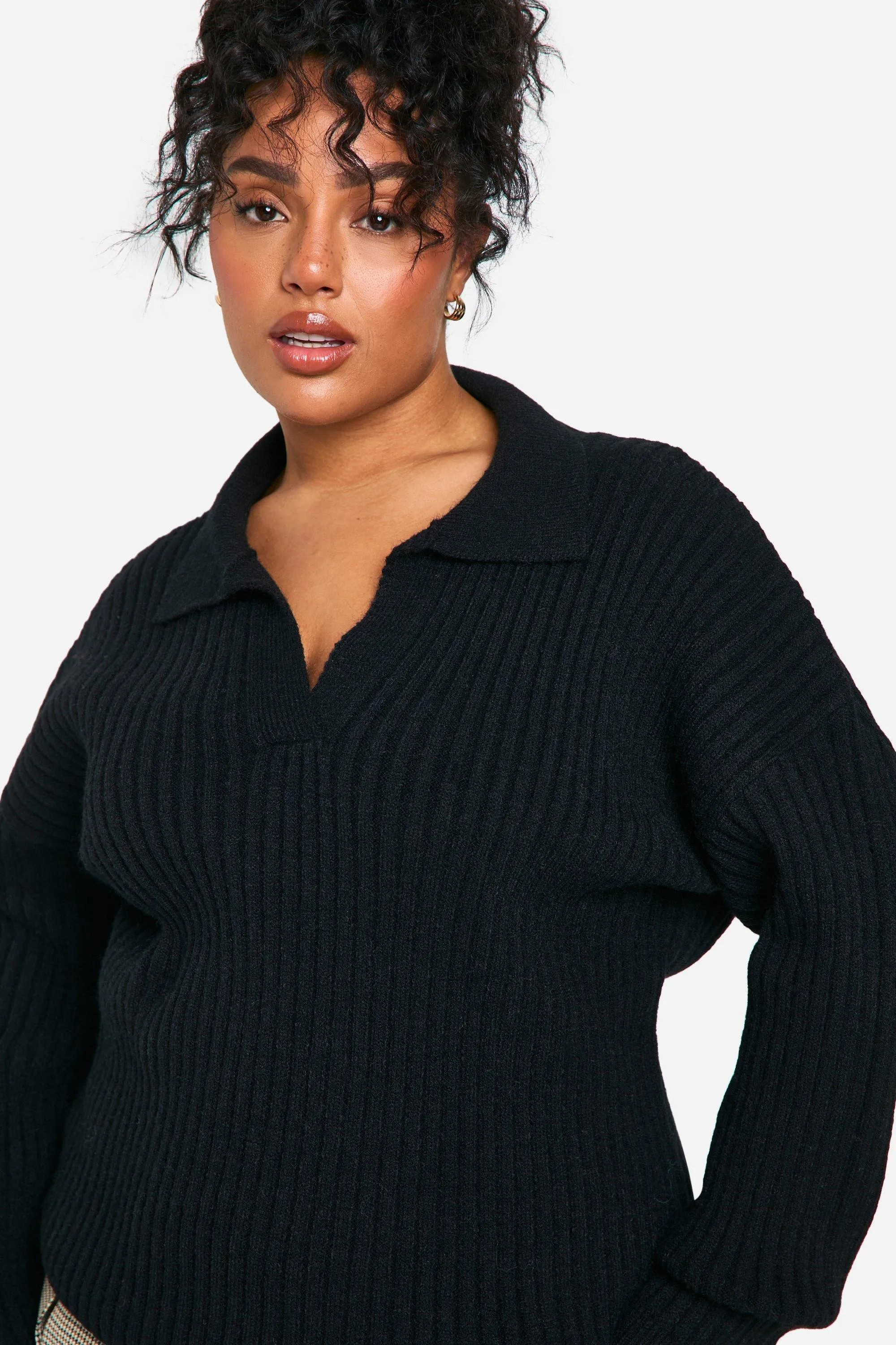 Shop Plus Size Rib Knit Collared Jumpers and Cardigans at Boohoo