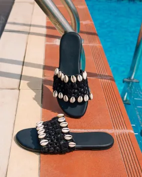 Kaia Black Cowrie Crocheted Slides