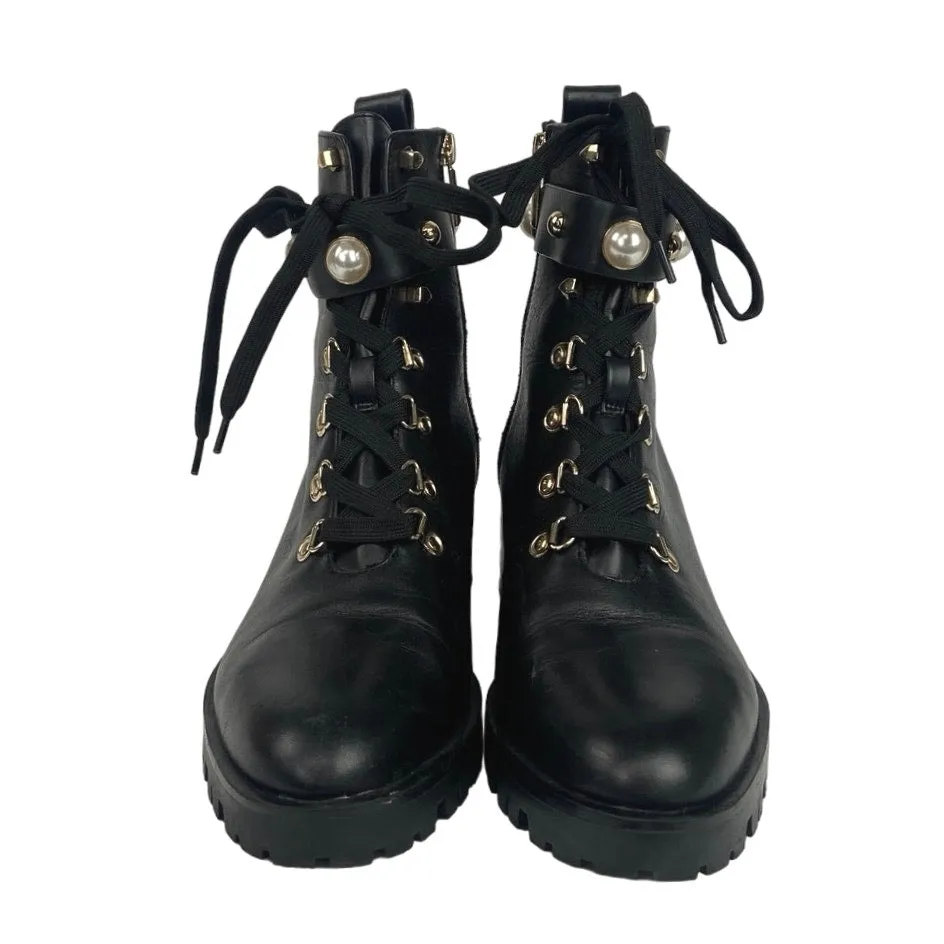 Karl Lagerfeld Paris Perry Black Leather Embellished Lace-Up Combat Boots 9.5M