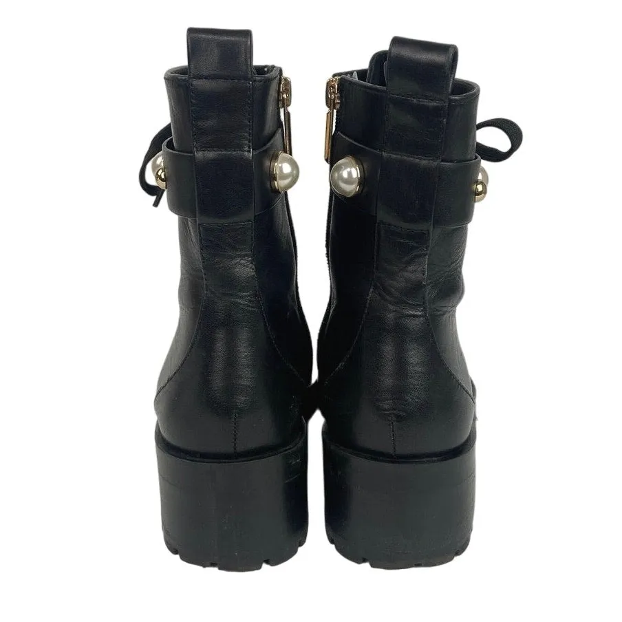 Karl Lagerfeld Paris Perry Black Leather Embellished Lace-Up Combat Boots 9.5M