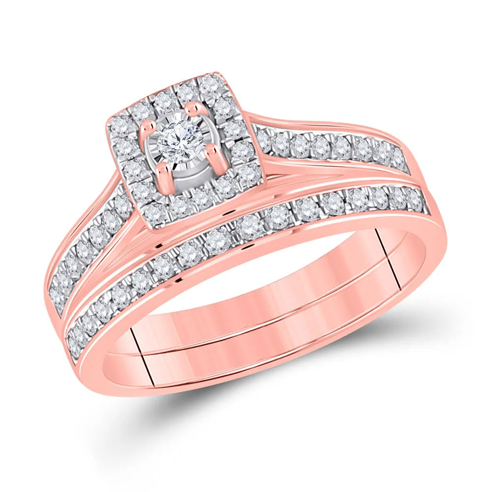 Keene Jewelers 10kt Rose Gold Round Diamond Halo Bridal Wedding Ring Band Set 1/2 Cttw