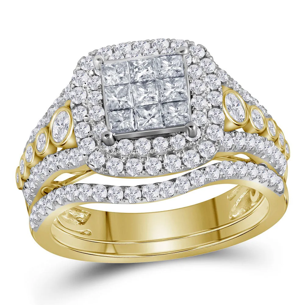 Keene Jewelers 14kt Yellow Gold Princess Diamond Bridal Wedding Ring Band Set 1-1/2 Cttw