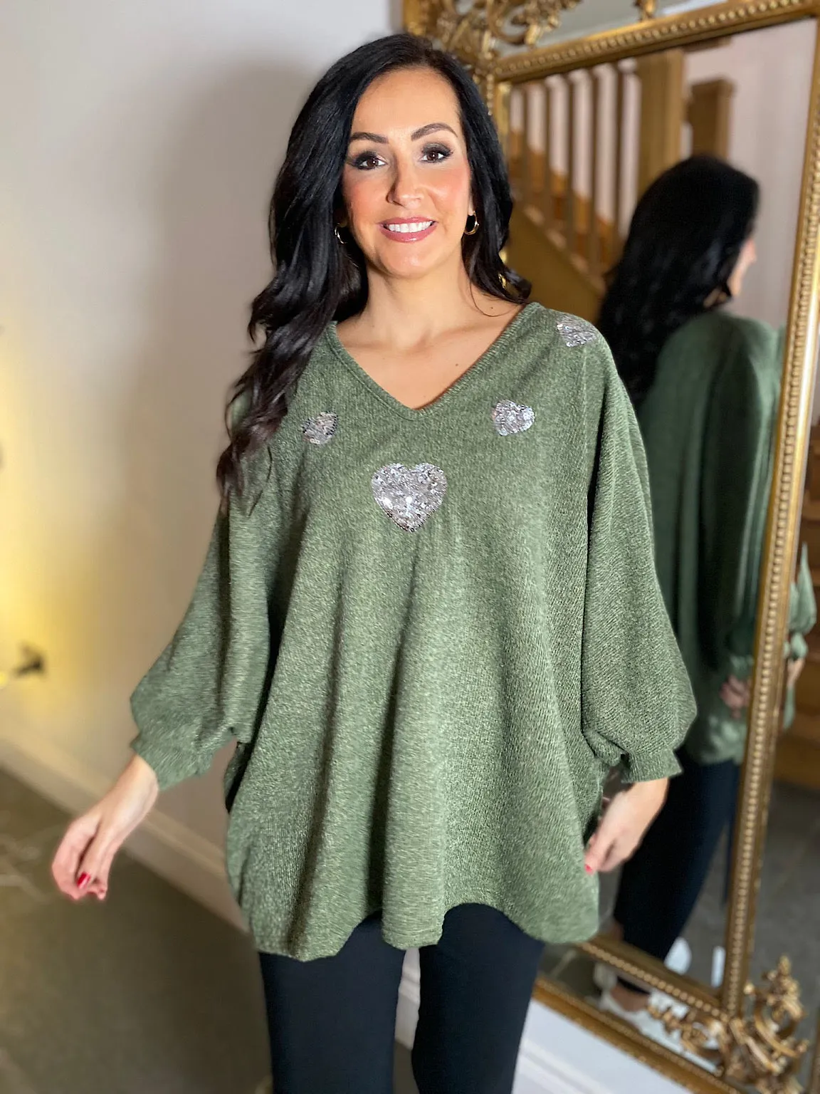 Sequin Heart Khaki Batwing Knit Top