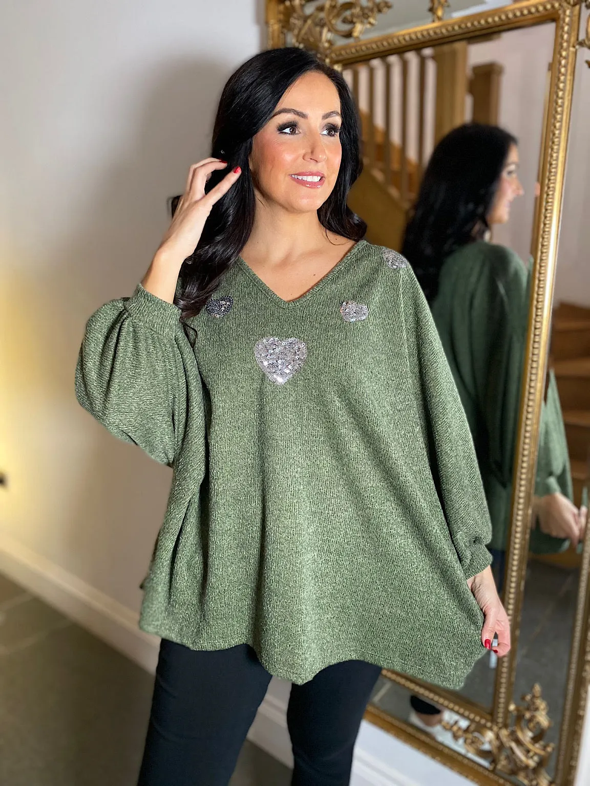 Sequin Heart Khaki Batwing Knit Top