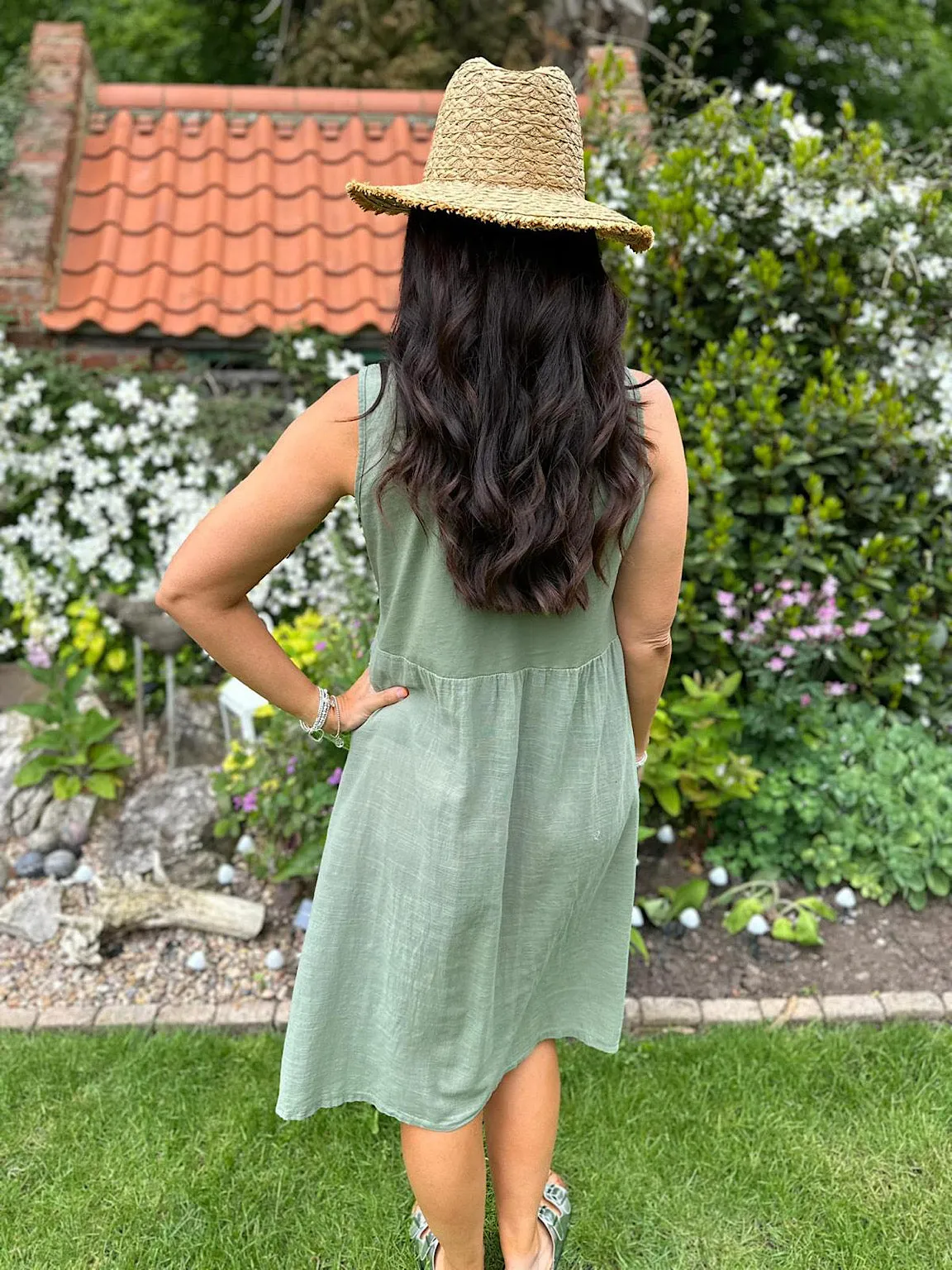 Stephanie Khaki Dress with Button Detail and Pocket.