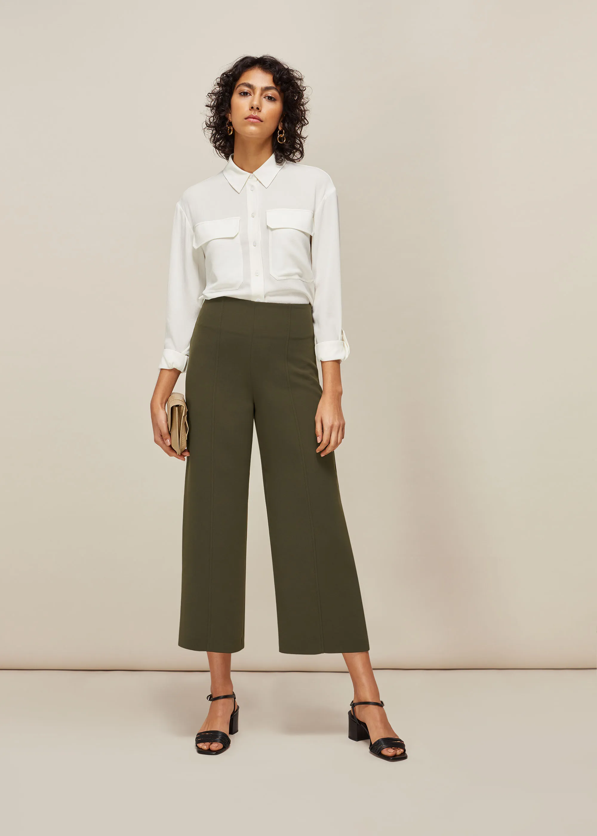 Khaki Flat Front Crop Trouser