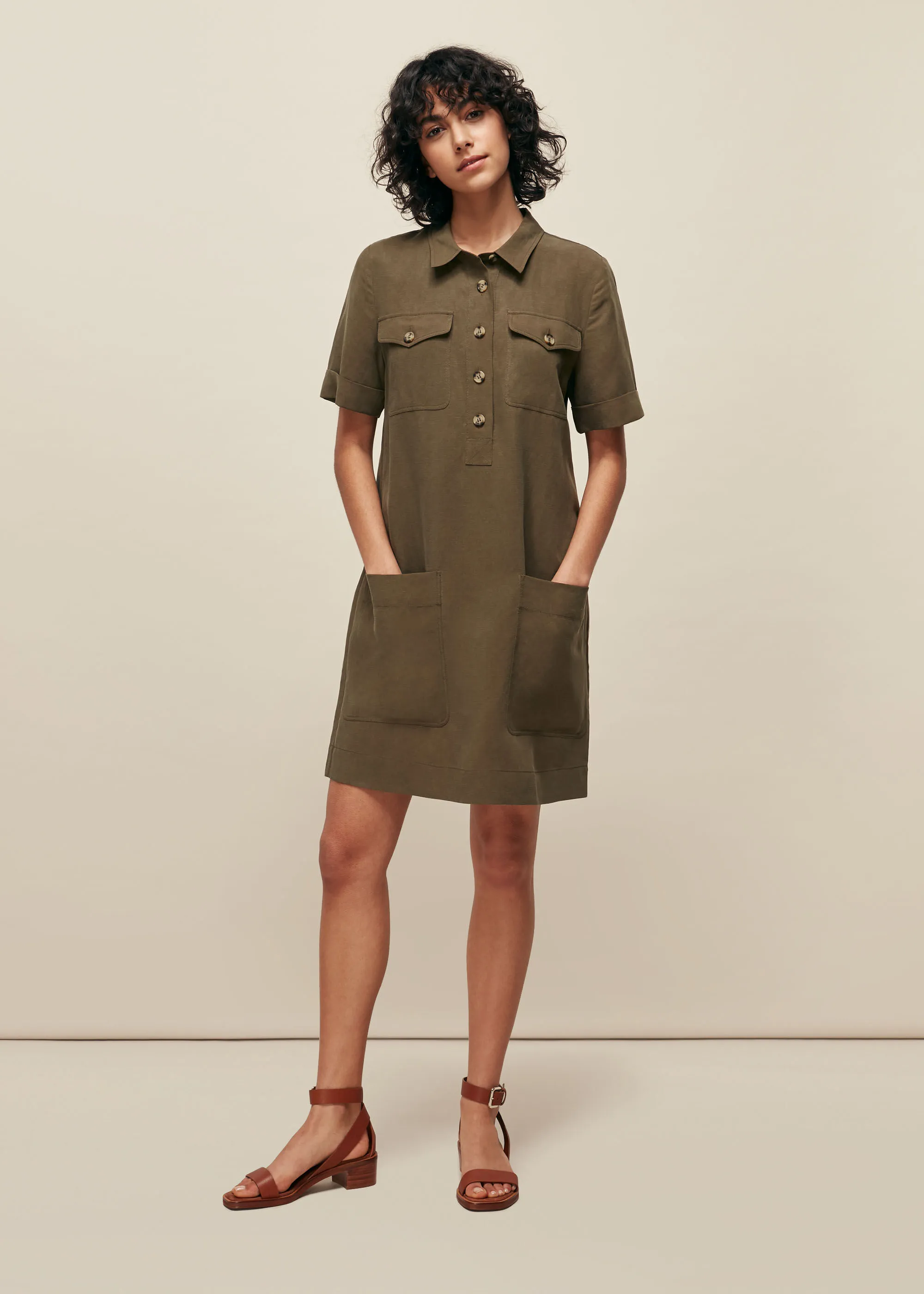 Khaki Pocket Detail Linen Mix Dress