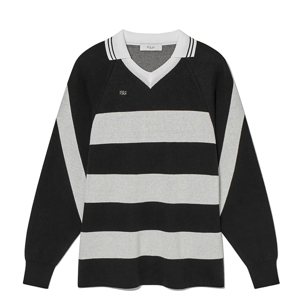 KIJUN Striped Unisex Knit Rugby Shirt Black Cream