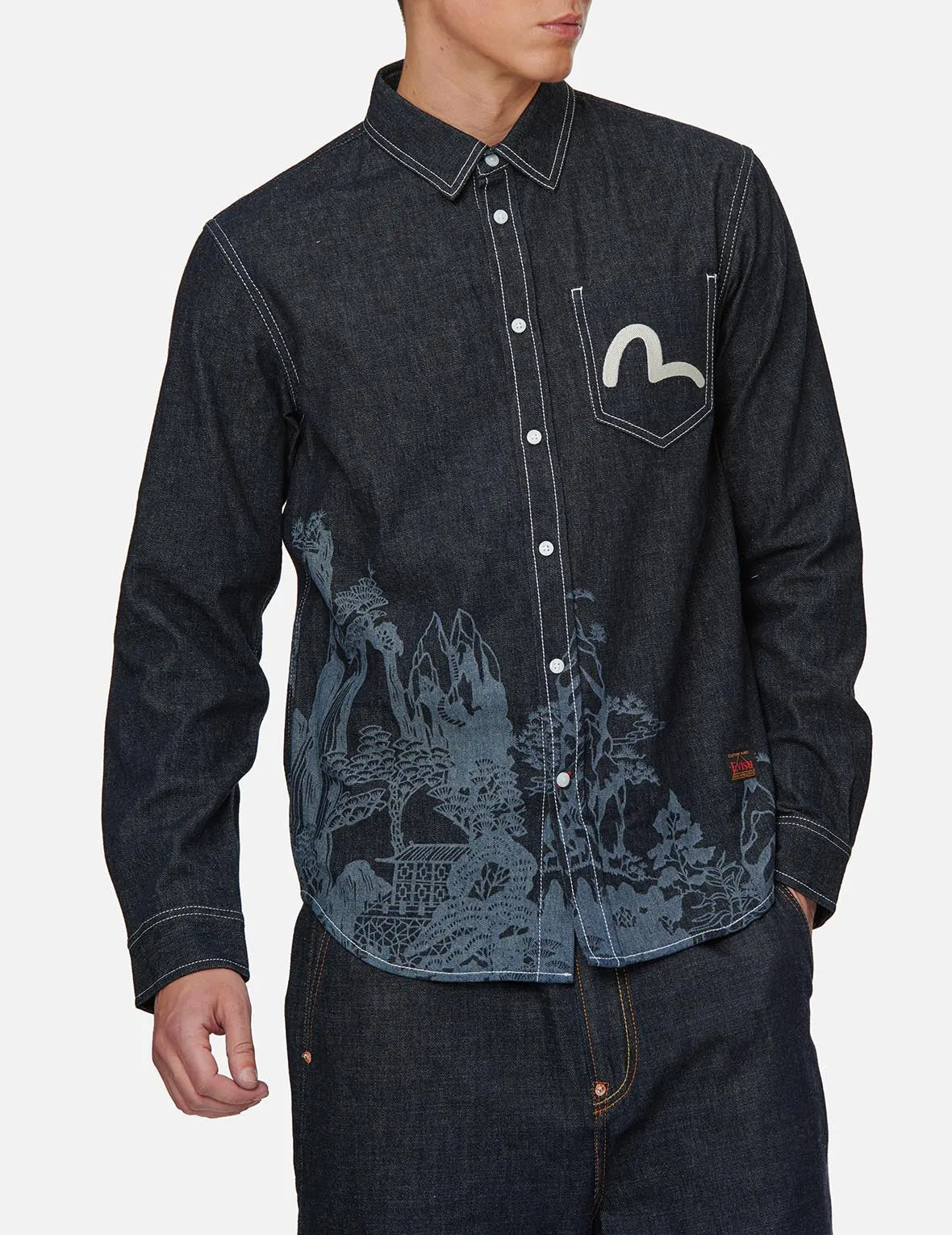 Landscape Motif Discharged Denim Shirt