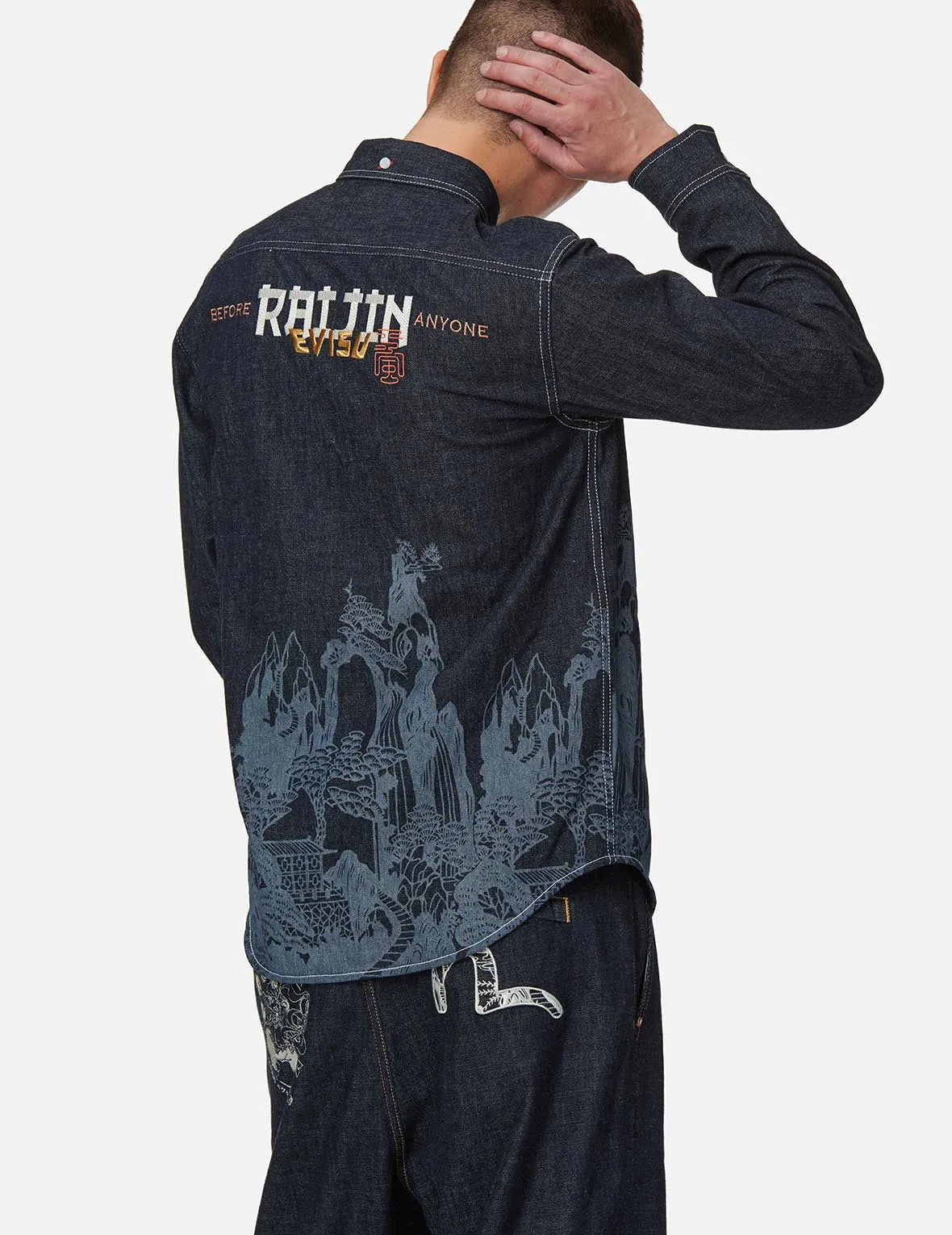 Landscape Motif Discharged Denim Shirt