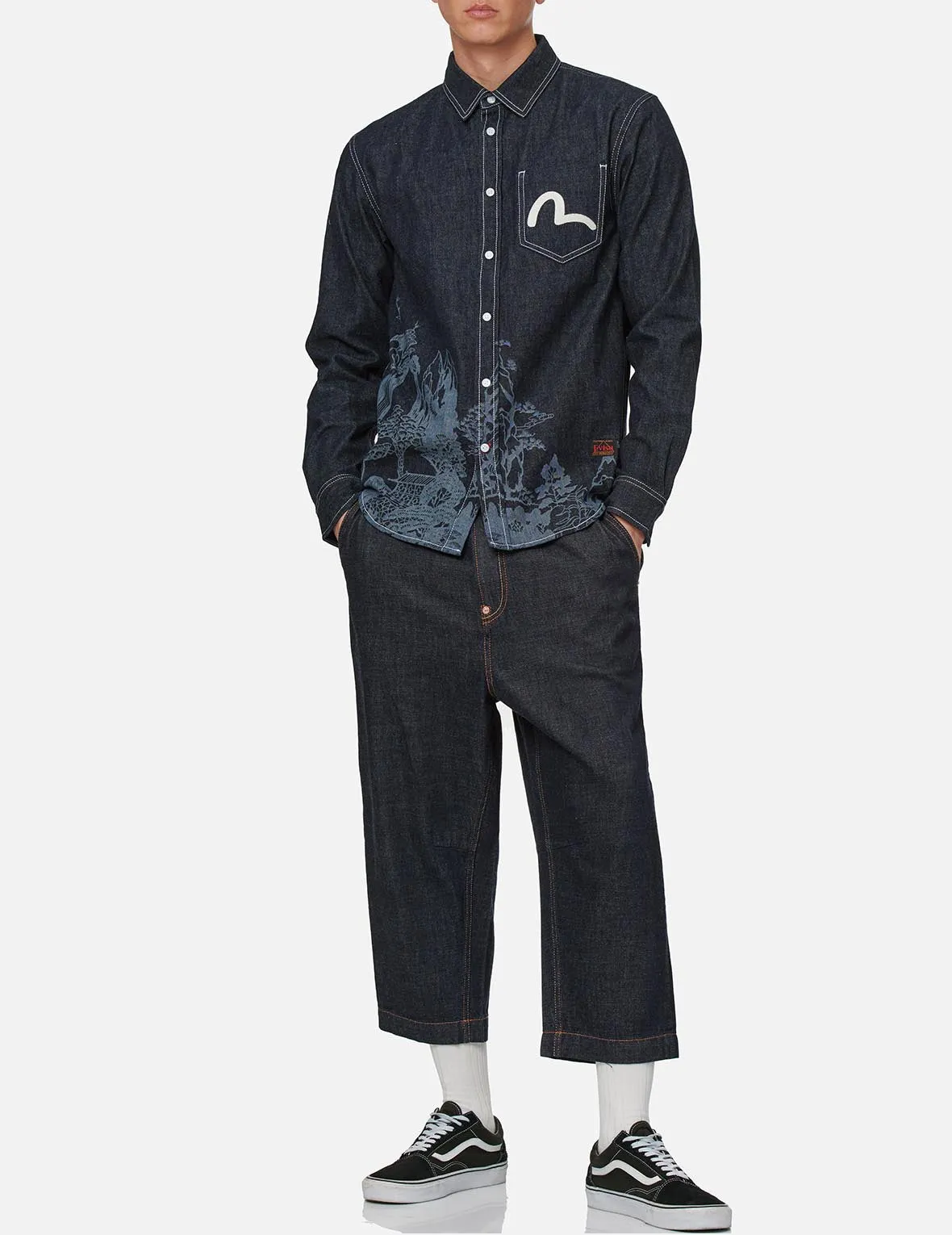 Landscape Motif Discharged Denim Shirt