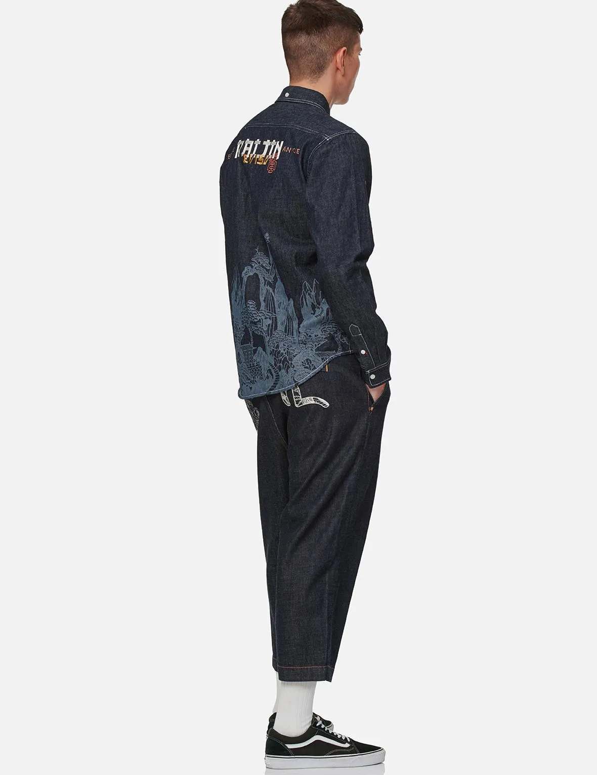 Landscape Motif Discharged Denim Shirt