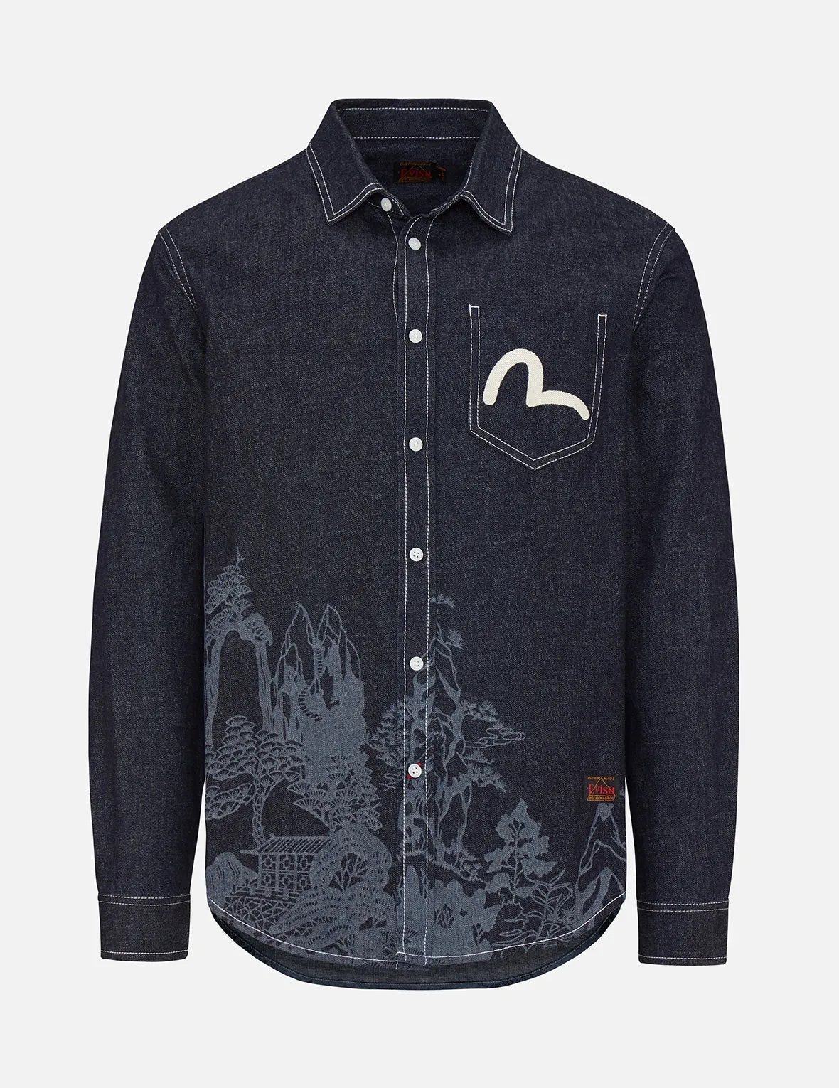 Landscape Motif Discharged Denim Shirt