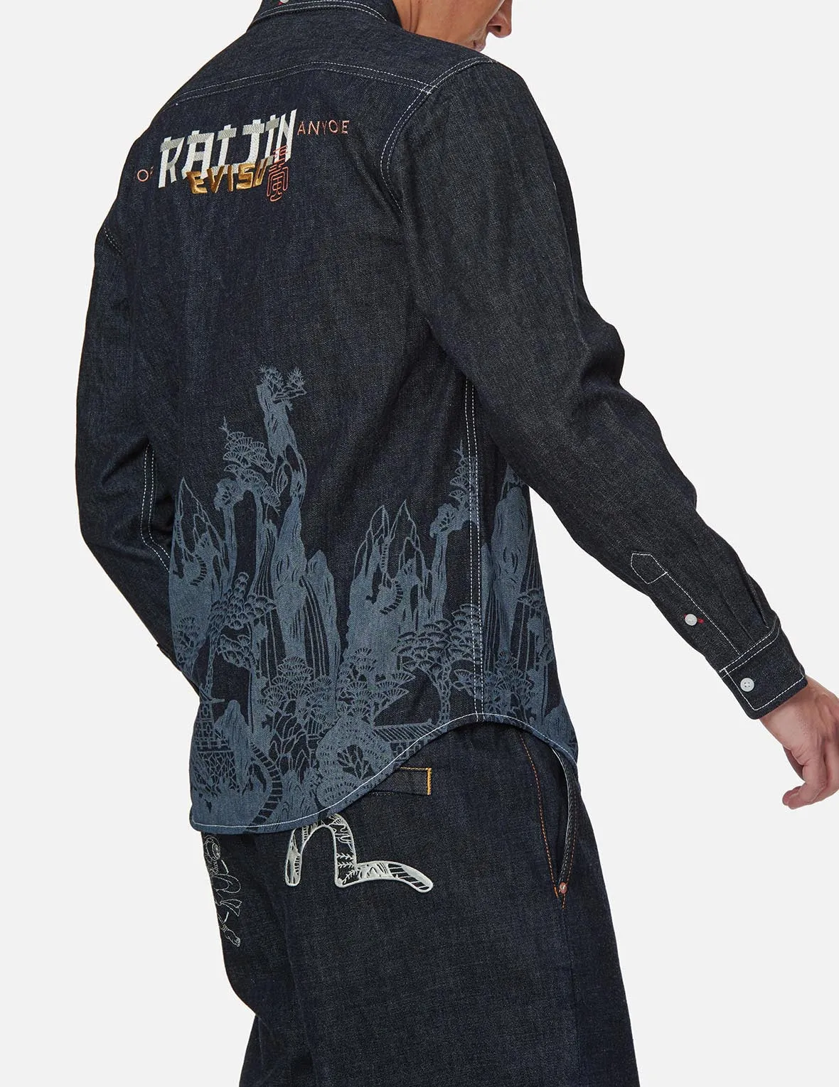 Landscape Motif Discharged Denim Shirt