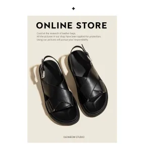 Lao Miao's Shop Genuine leather cross-strap thick-soled sandals for women 2024 new summer outer wear black flat Roman shoes