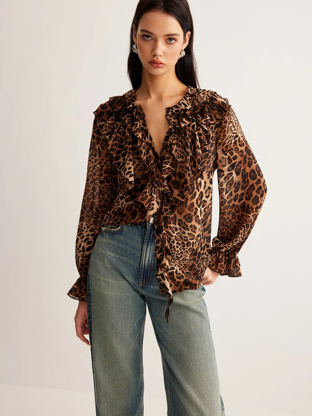 Leopard Printed Ruffle Thin Shirt