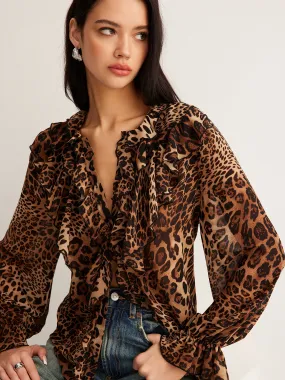 Leopard Printed Ruffle Thin Shirt