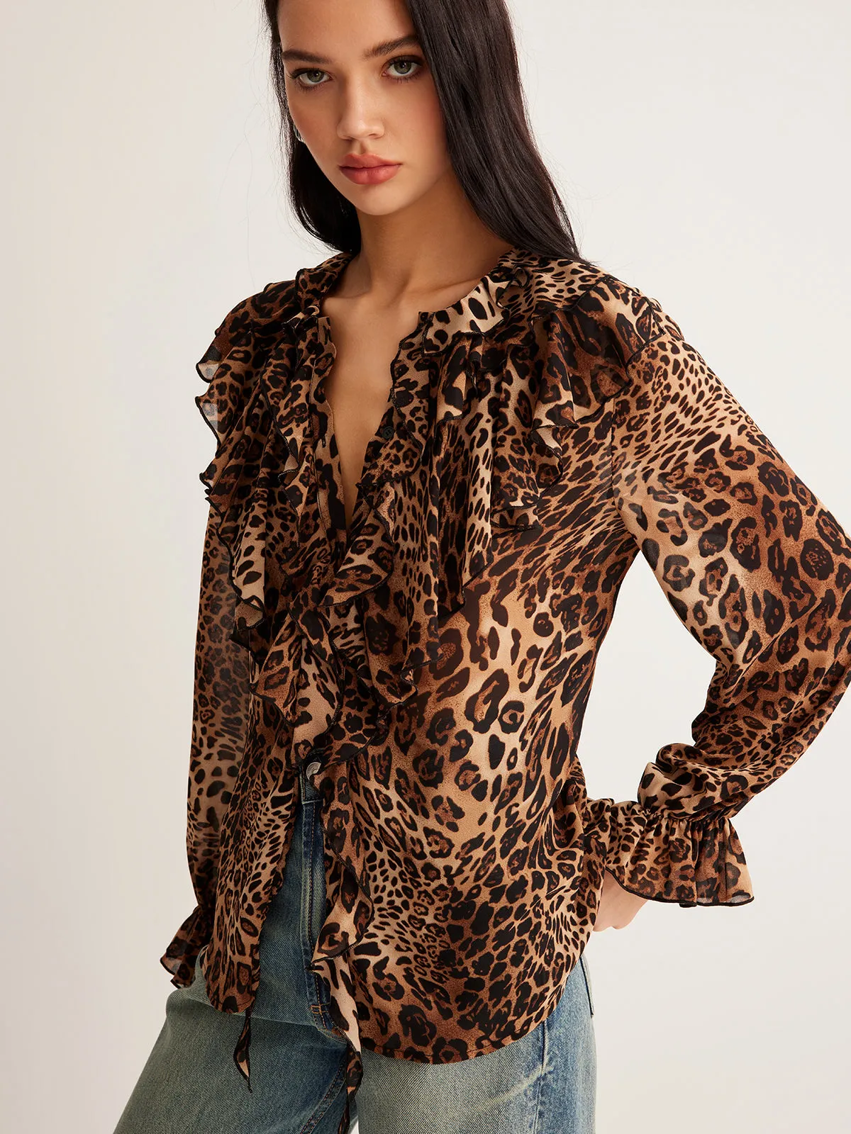 Leopard Printed Ruffle Thin Shirt