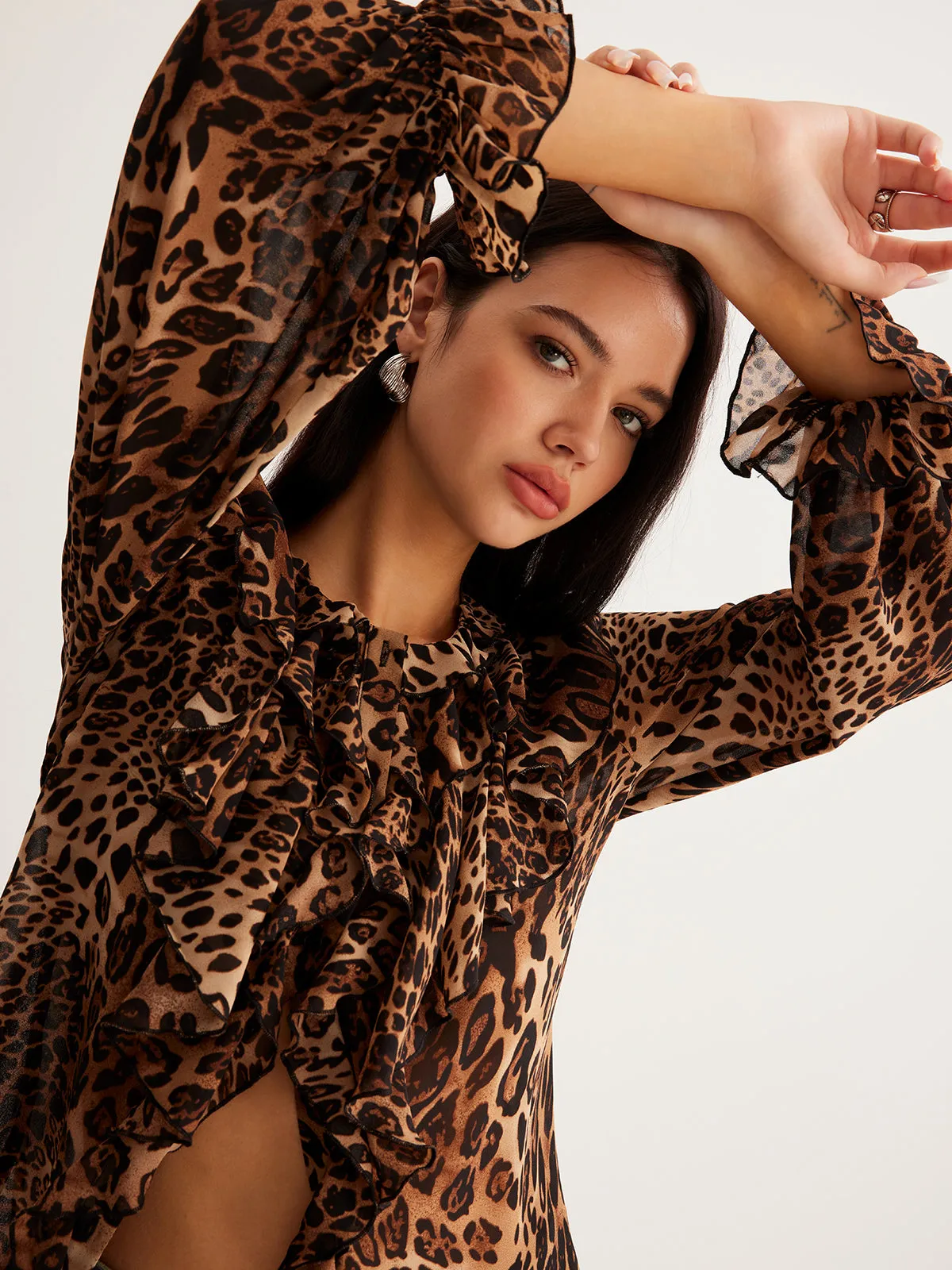 Leopard Printed Ruffle Thin Shirt