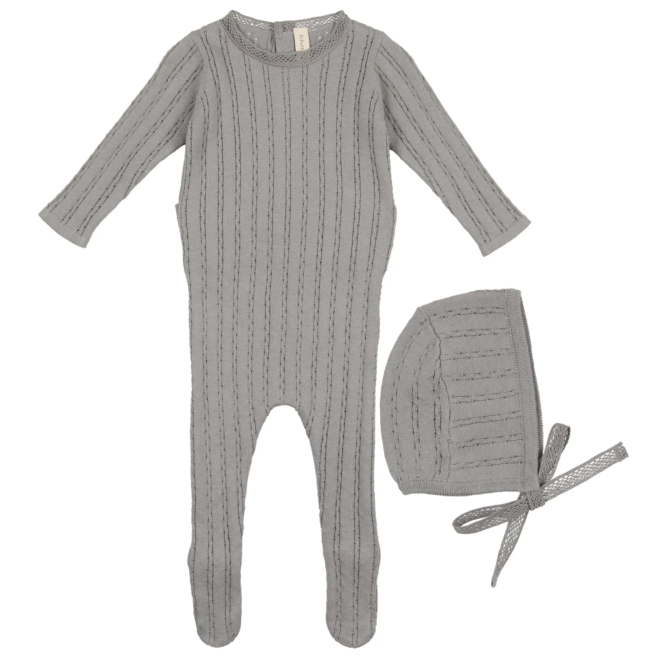 Lilette Slate Pointelle Knit Romper and Bonnet