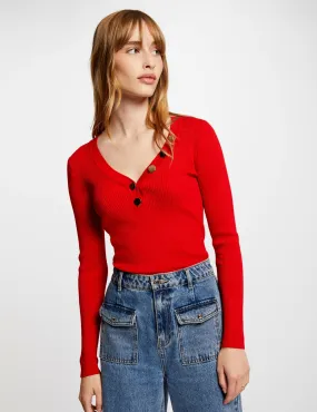 Long-sleeved jumper buttons fine knit medium red women