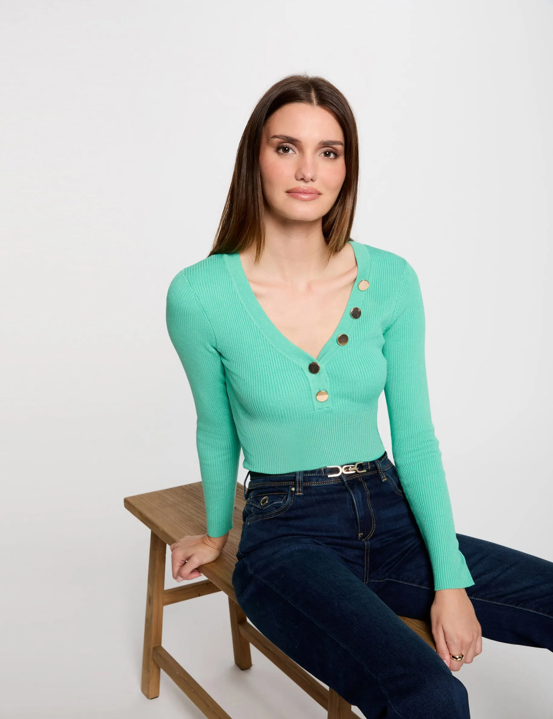 Long-sleeved jumper buttons fine knit mint green women