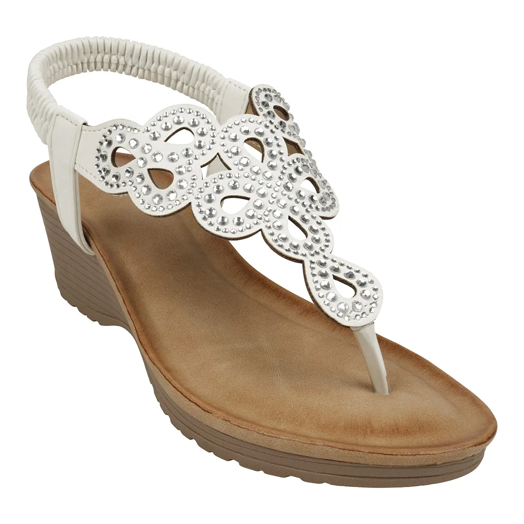 Madelyn White Embellished Laser Cut Slingback Wedge Sandals