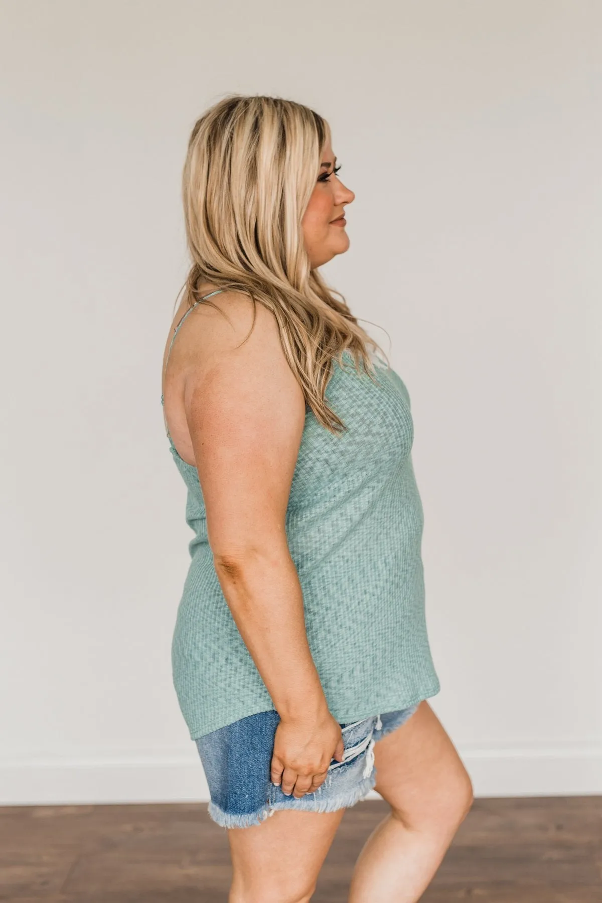 Dusty Teal Lace Knit Tank Top