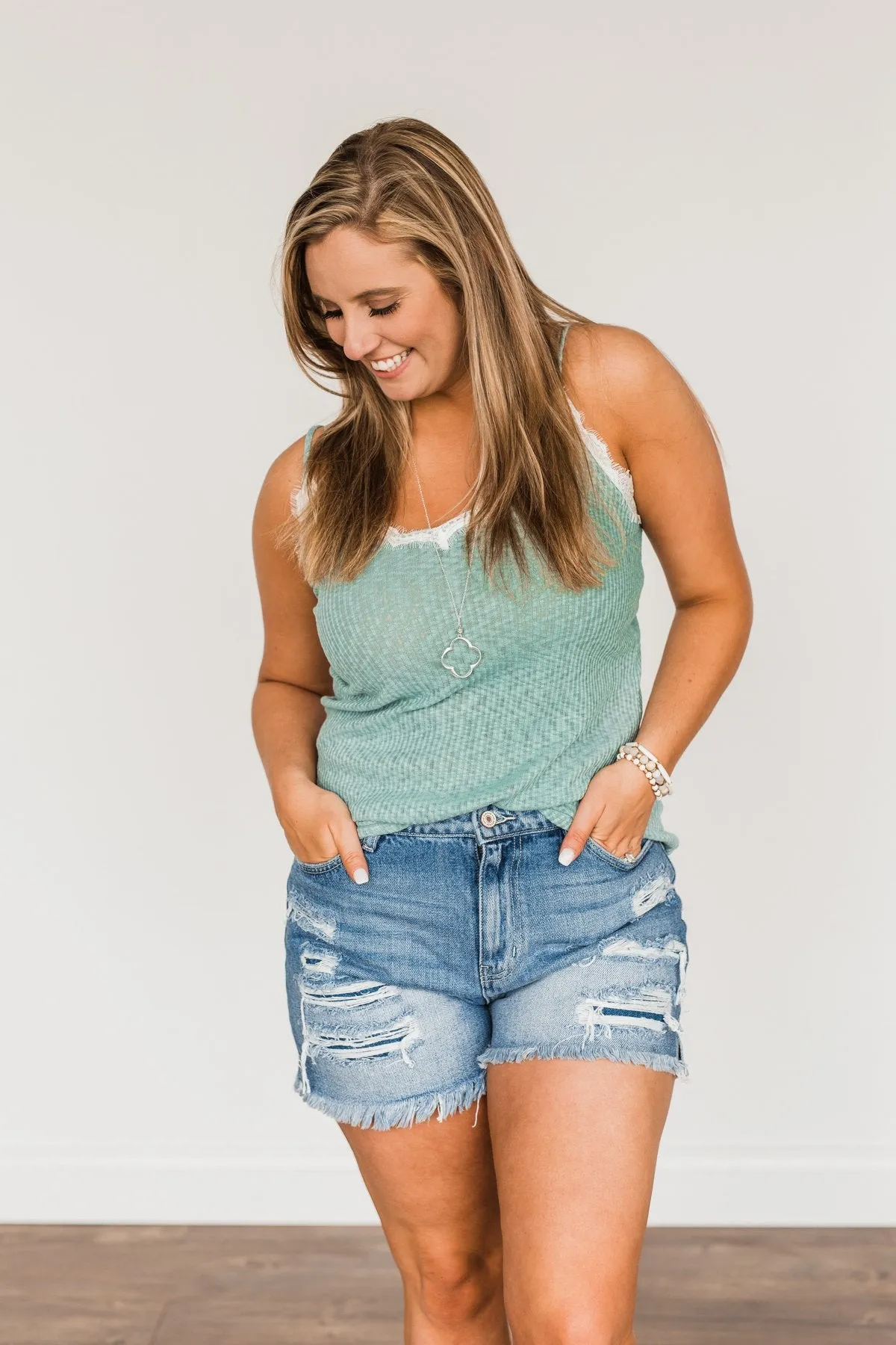 Dusty Teal Lace Knit Tank Top