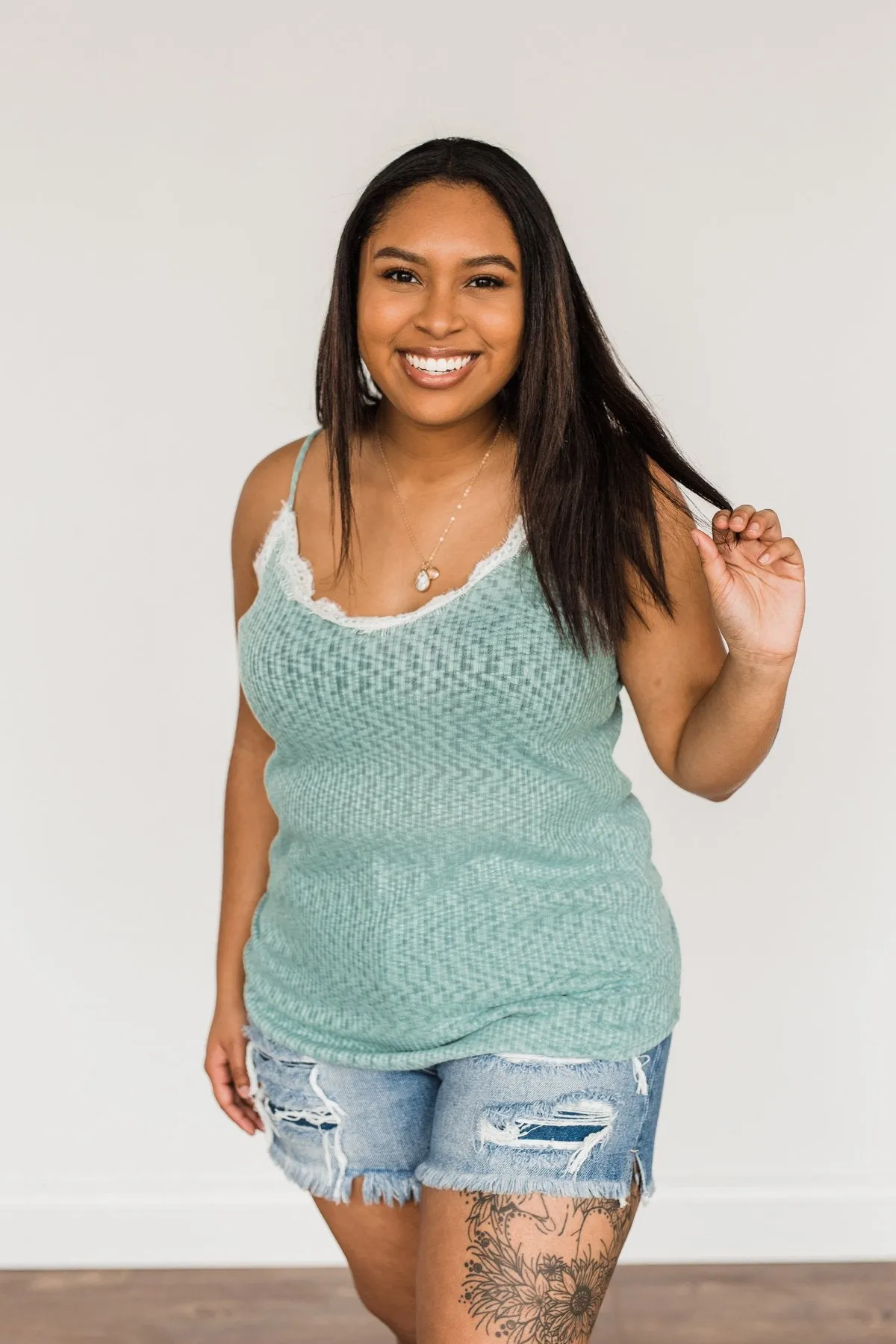 Dusty Teal Lace Knit Tank Top