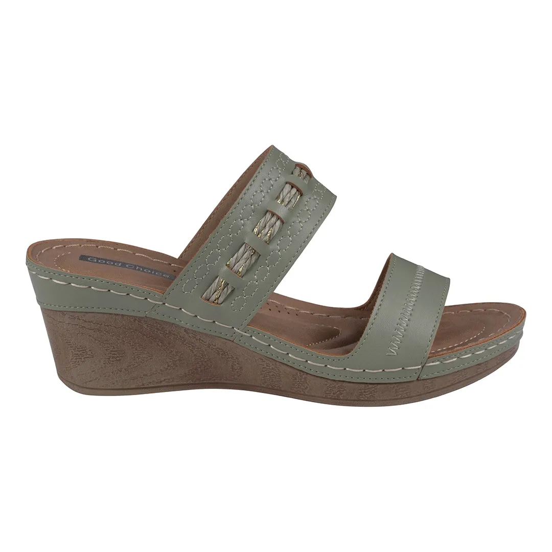 Mariah Green Open Toe Double Band Wedge Sandals