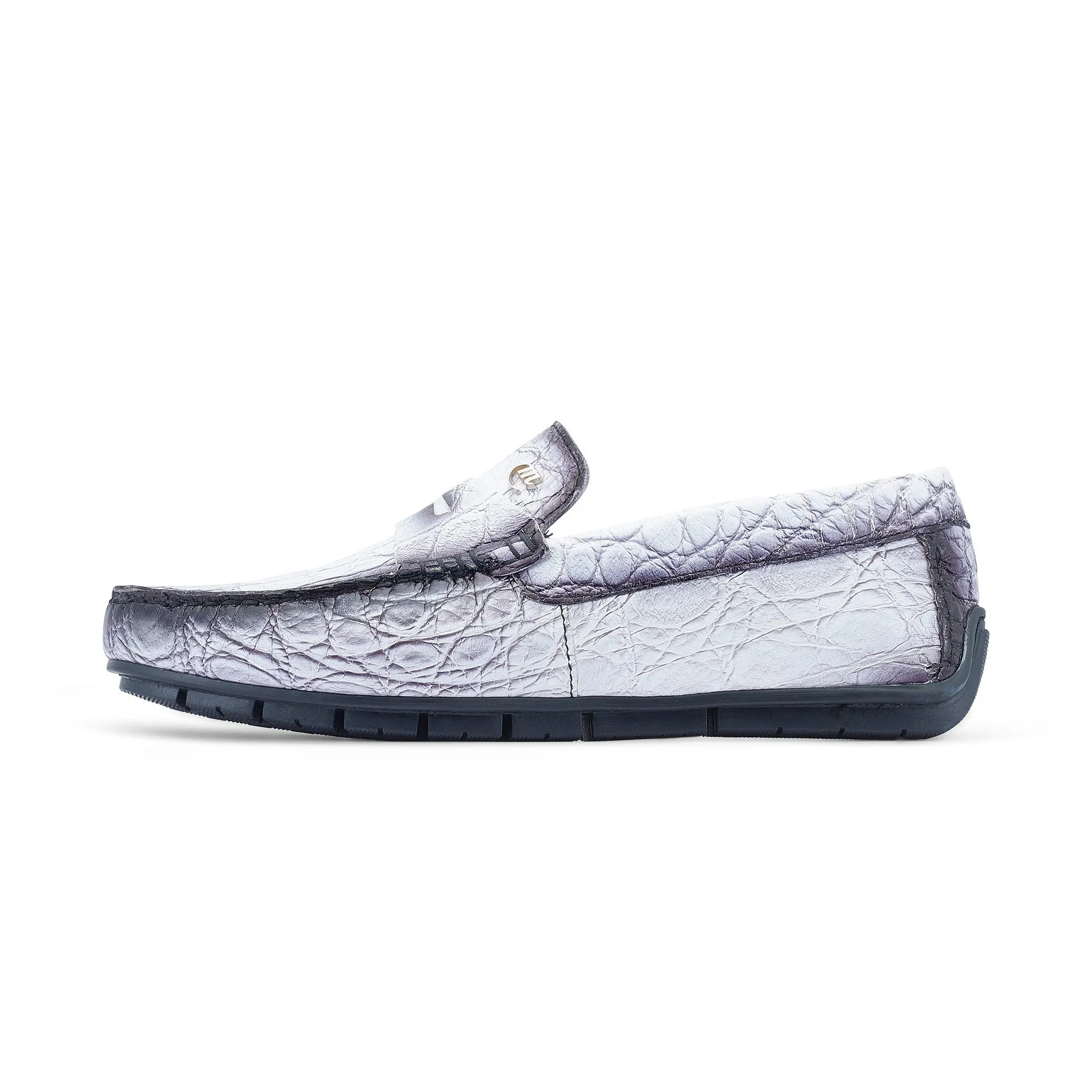 Mauri Sprinter 3517/1 Men's Shoes White with Dirty Black Finish Exotic Alligator Driver Moccasins Loafers (MA5528)