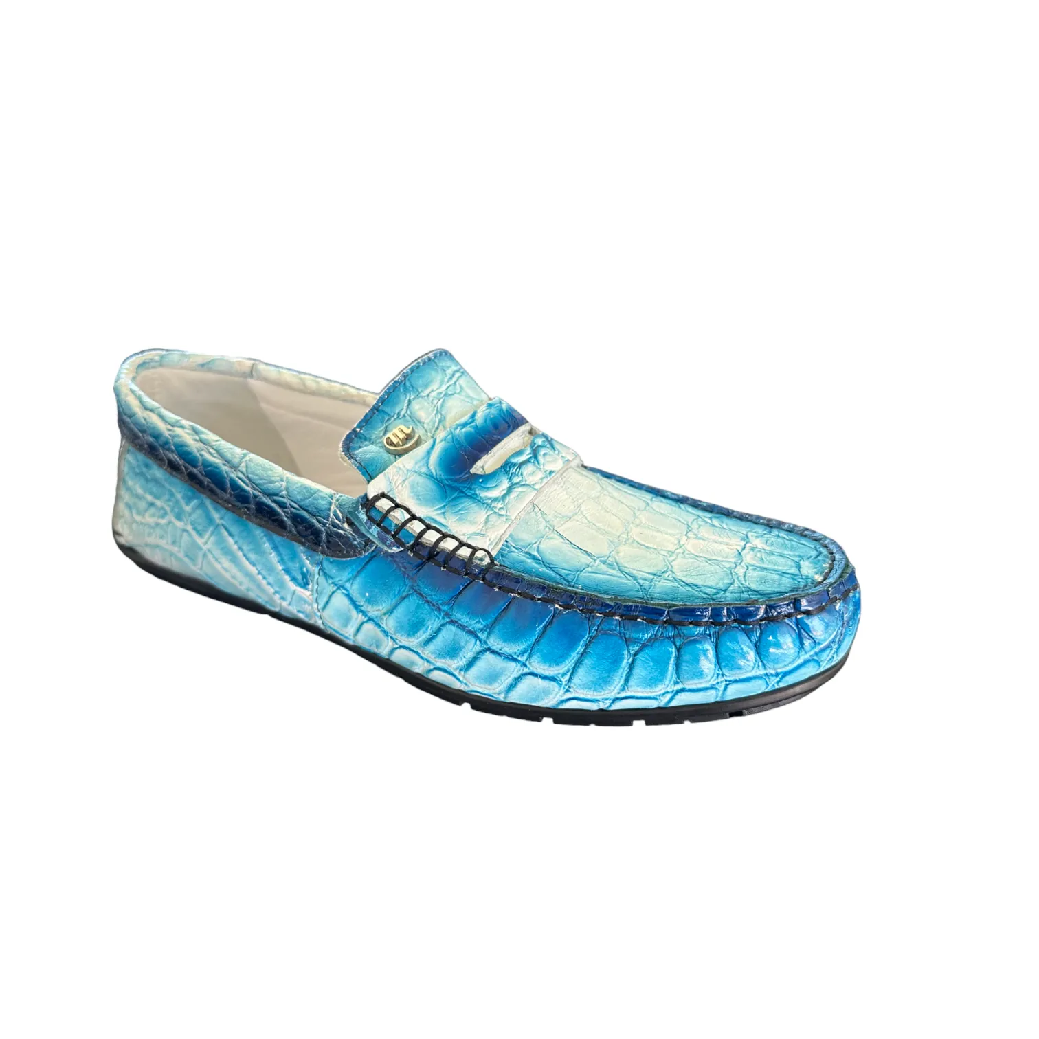 Mauri Sprinter 3517/1 Men's Shoes White with Dirty Blue Finish Exotic Alligator Driver Moccasins Loafers (MA5550)