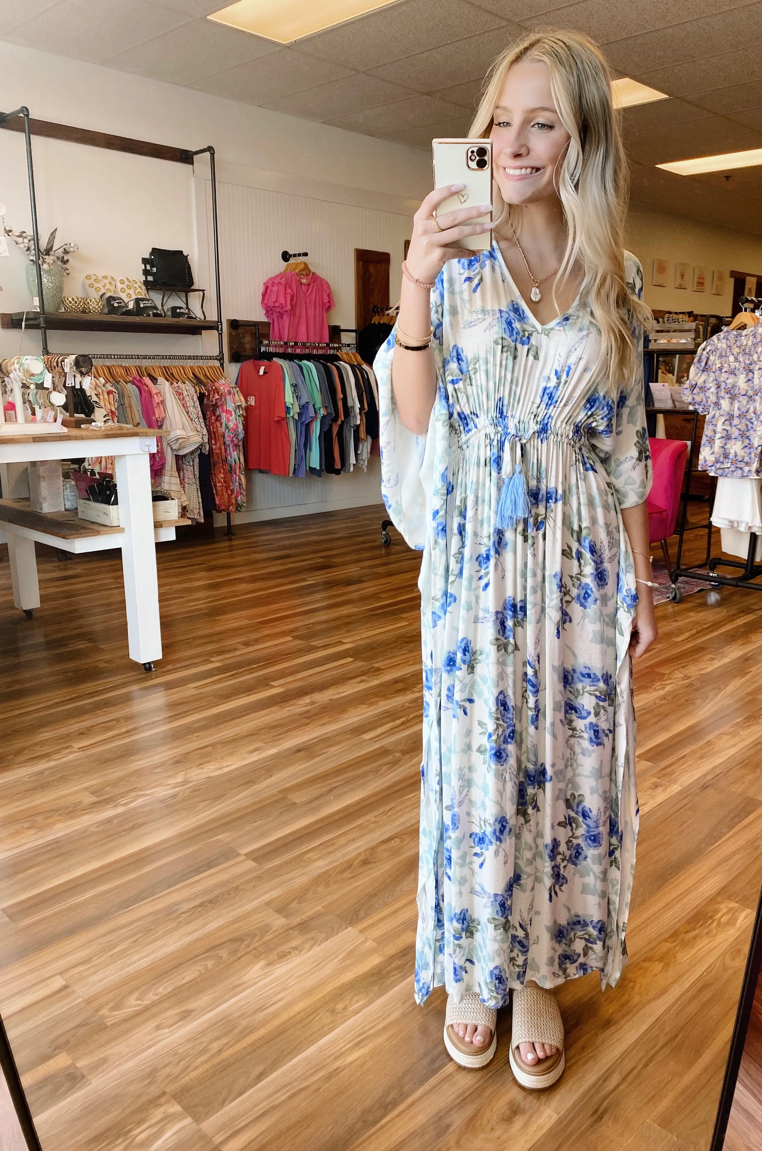 Maxi Dress with Floral Print and V-Neck