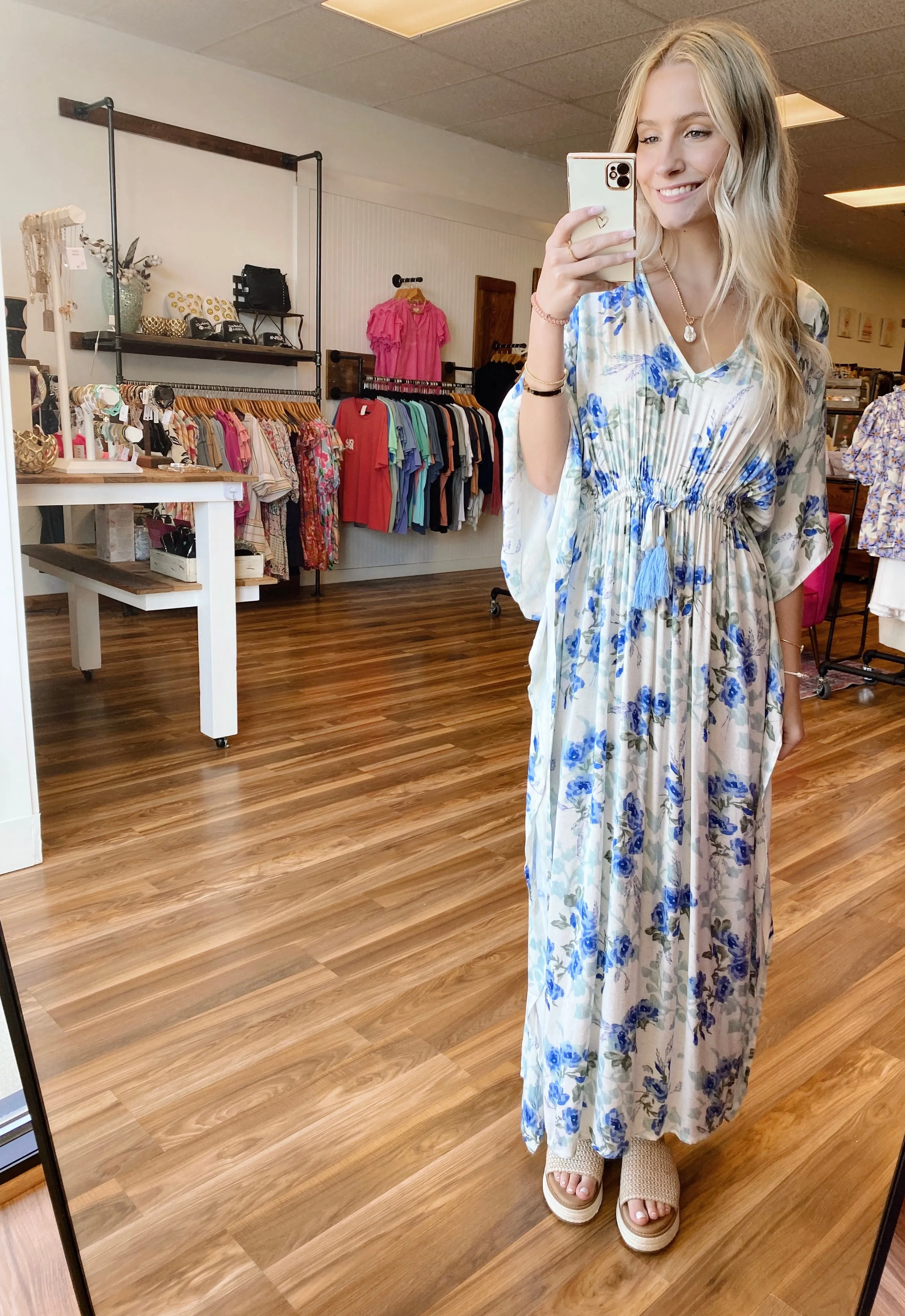 Maxi Dress with Floral Print and V-Neck