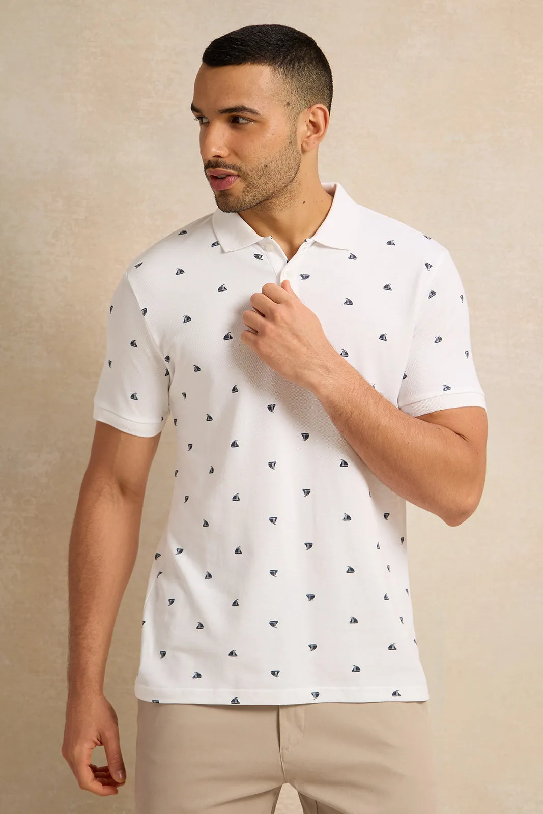 Men White All Over Print Polo Shirt