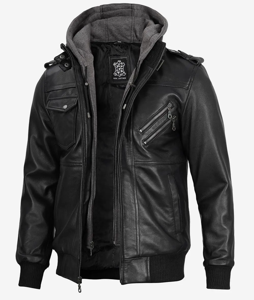 Men's Black Leather Jacket with Grey Removable Hood