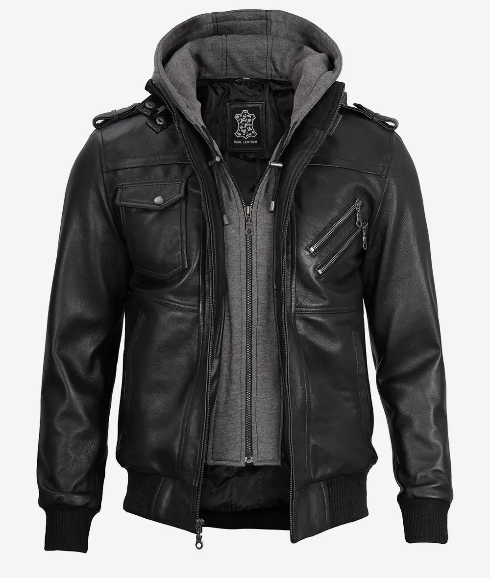 Men's Black Leather Jacket with Grey Removable Hood