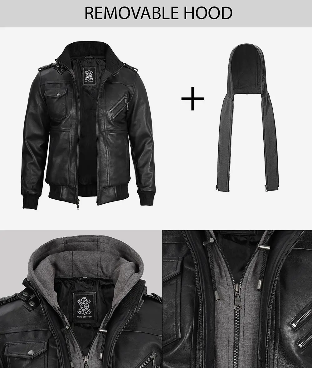 Men's Black Leather Jacket with Grey Removable Hood