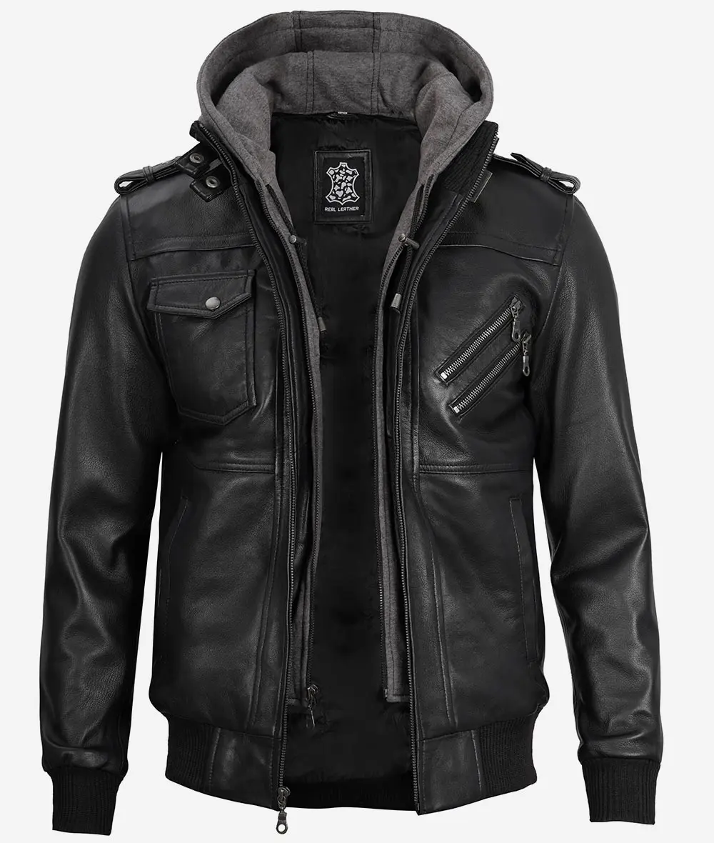 Men's Black Leather Jacket with Grey Removable Hood