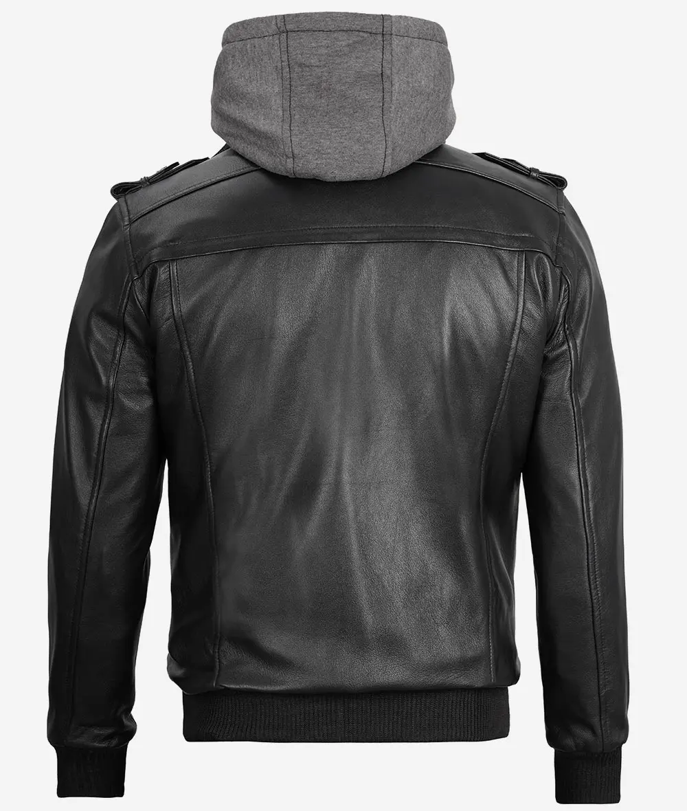 Men's Black Leather Jacket with Grey Removable Hood