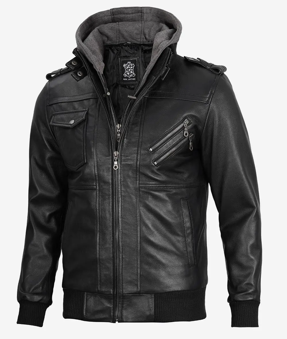 Men's Black Leather Jacket with Grey Removable Hood