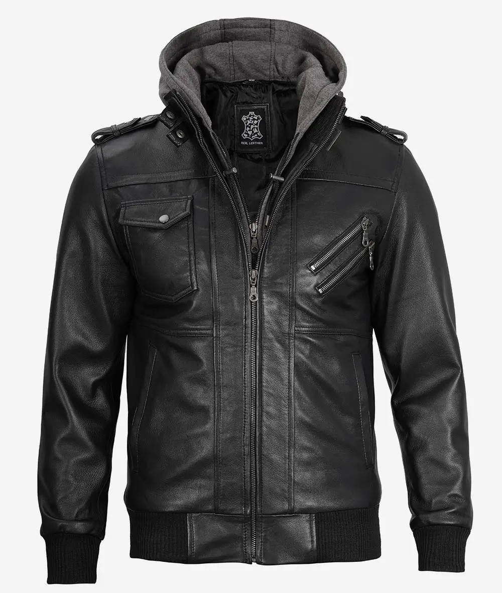 Men's Black Leather Jacket with Grey Removable Hood