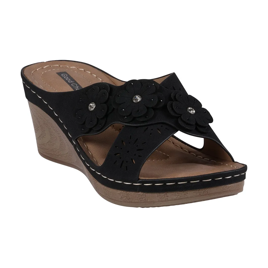 Miller Black Cross Strap Floral Wedge Sandals