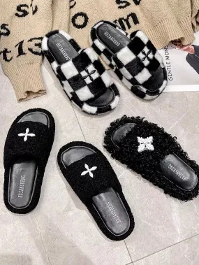 Mr. h/2023 New Furry Slippers Women's Cross Wear Flat Thick Soled Increased One-line Slippers (S0125)