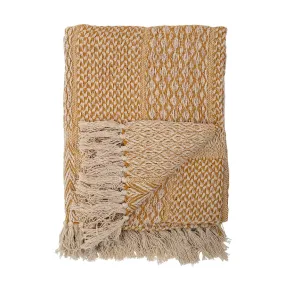 Mustard Yellow Cotton Knit Throw Blanket with Fringe