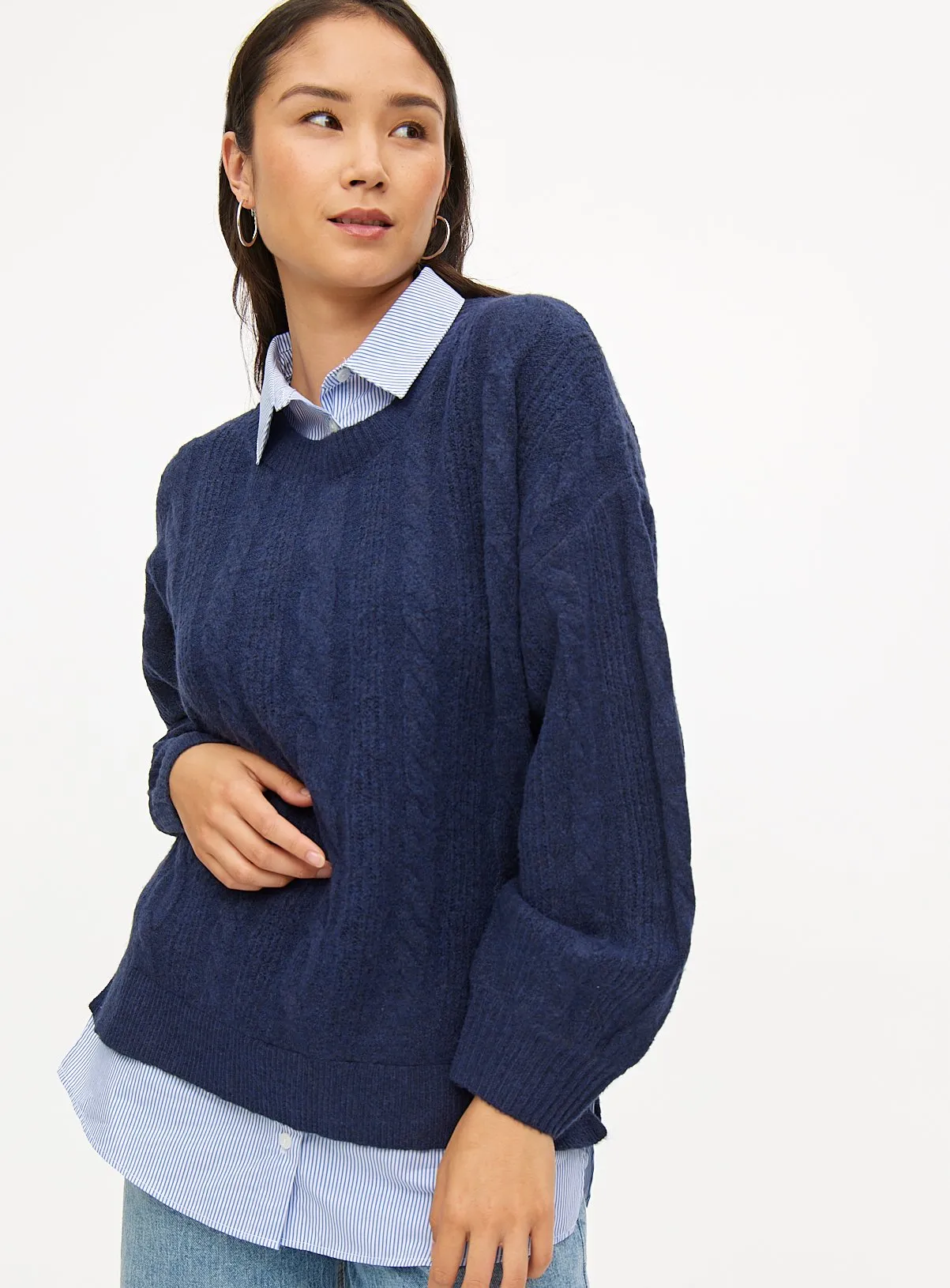 Navy Cable Knit Jumper with Shirt Collar - Size 18 | Tu Clothing