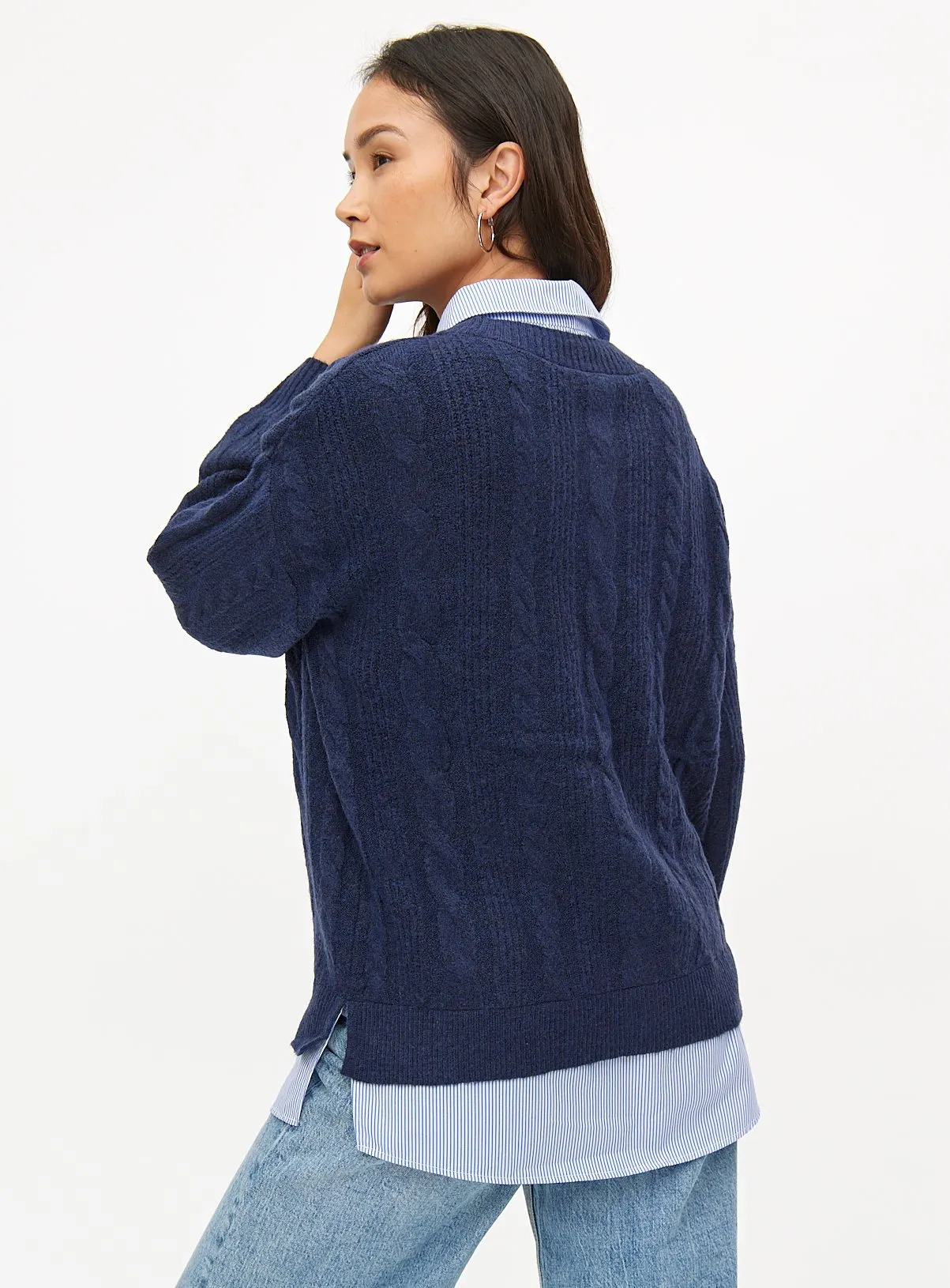 Navy Cable Knit Jumper with Shirt Collar - Size 18 | Tu Clothing