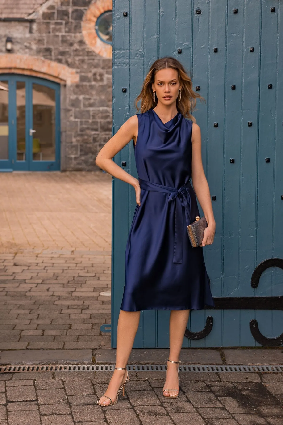 Navy Satin Cowl Neck Dress